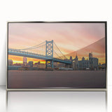 Mid-century modernist art depicting Delaware scenery in muted gray tones on a silver-framed acrylic print.