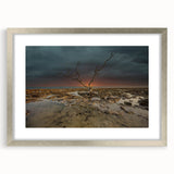 Textured abstract art print of Florida Keys in muted blue and green shades, framed in silver, ideal for bedroom art.