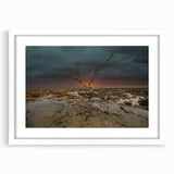 Abstract art print of the Florida Keys in a white frame, featuring cool blue and green tones, ideal for dining room decor.