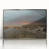 Mid-century modernist art of Florida Keys scenery in silver-framed acrylic, featuring pastel blue and pink tones.