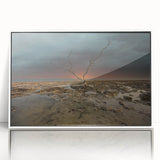 Art deco poster of Florida Keys scenery in muted blue and green tones on framed acrylic.