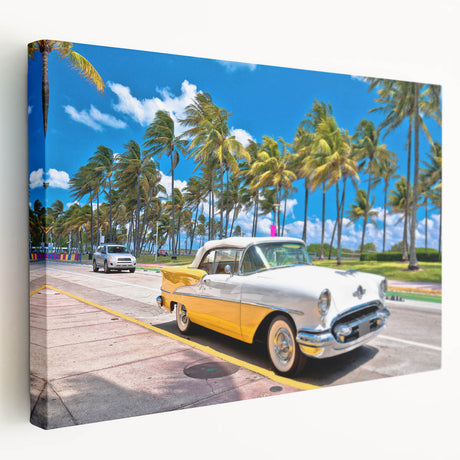 Panoramic view of Miami skyline in vivid sunset colors on a large stretched canvas, suitable for kitchen wall art.