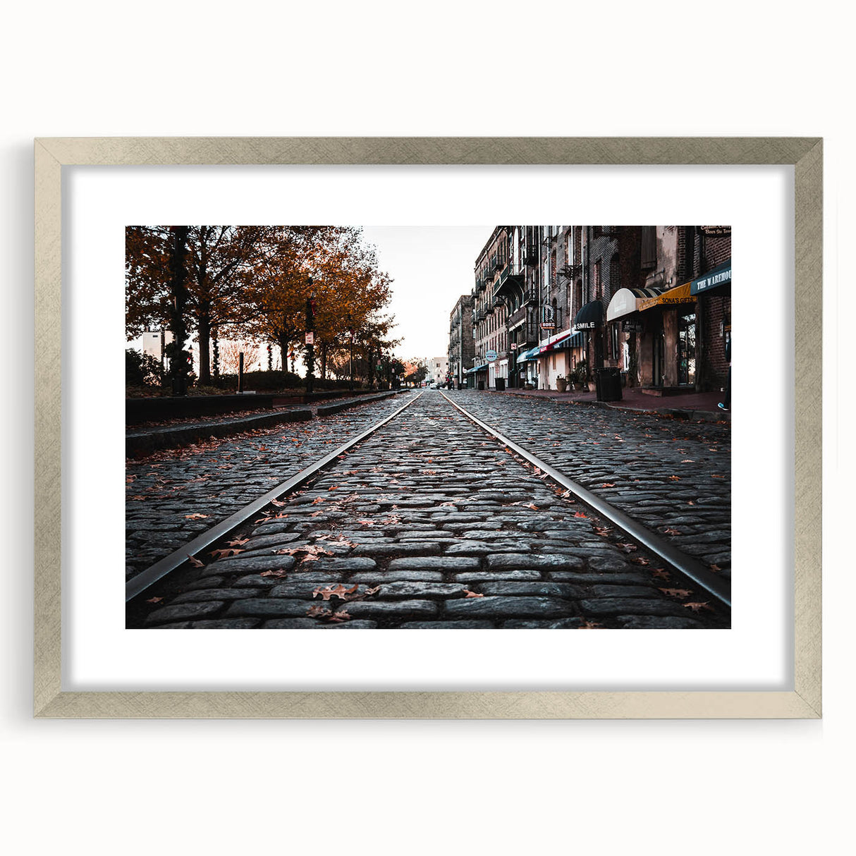 Textured art print of Savannah scenery in muted earth tones on a framed silver mat, suitable for bedroom decor.