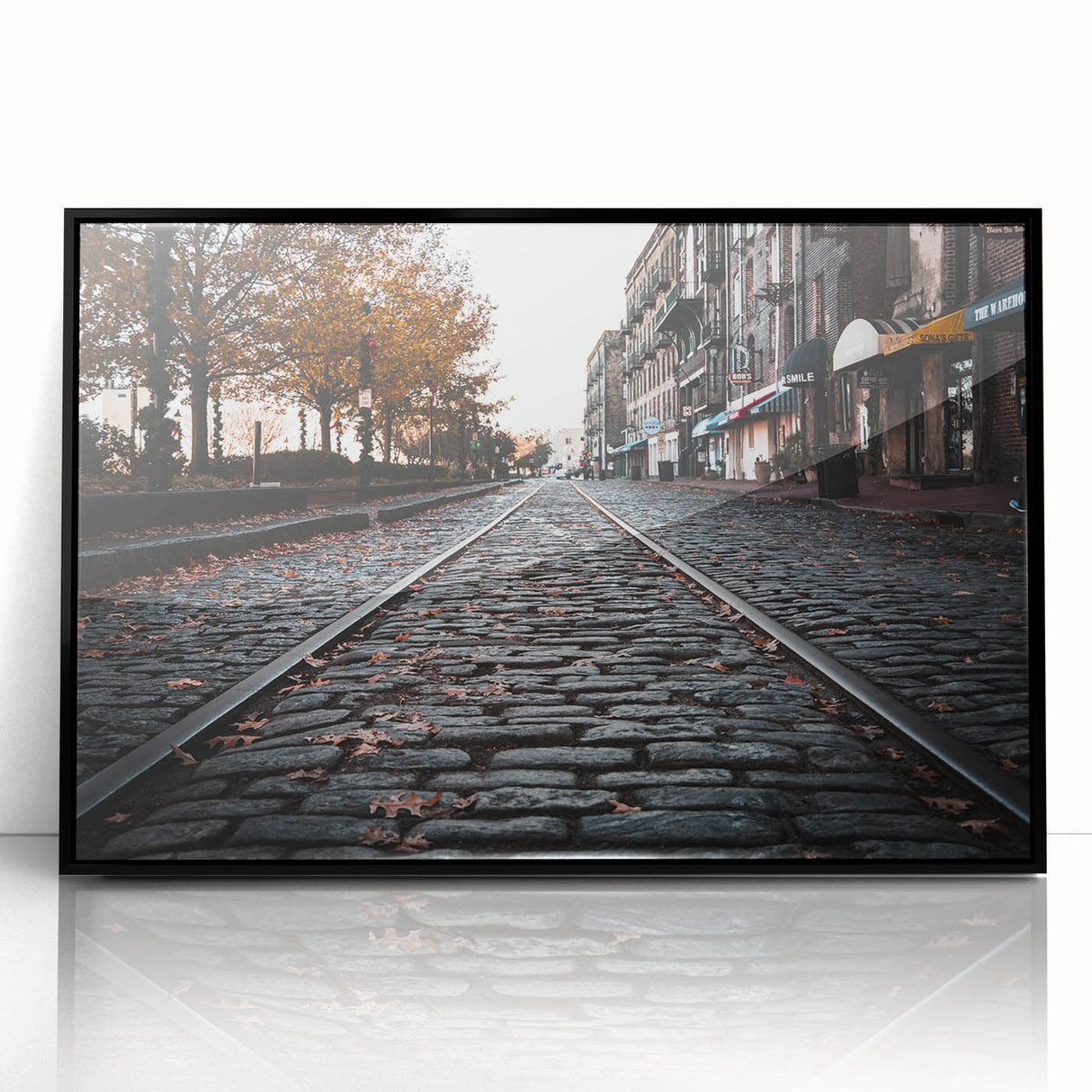 Large abstract wall art depicting Savannah, Georgia, in muted earth tones on a framed acrylic.