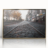 Mid-century modernist style large art print of Savannah, Georgia, in a gold acrylic frame, muted earth tones.