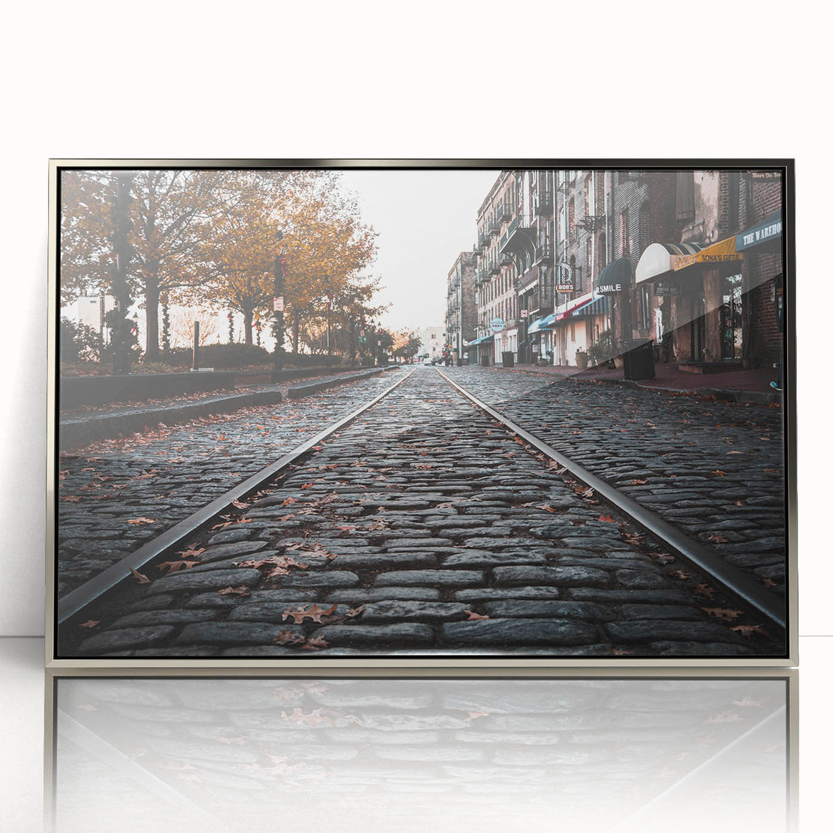 Mid-century modernist art of Savannah, Georgia skyline in muted earth tones on framed acrylic, ideal for nursery wall art.
