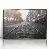 Mid-century modernist art of Savannah, Georgia skyline in muted earth tones on framed acrylic, ideal for nursery wall art.