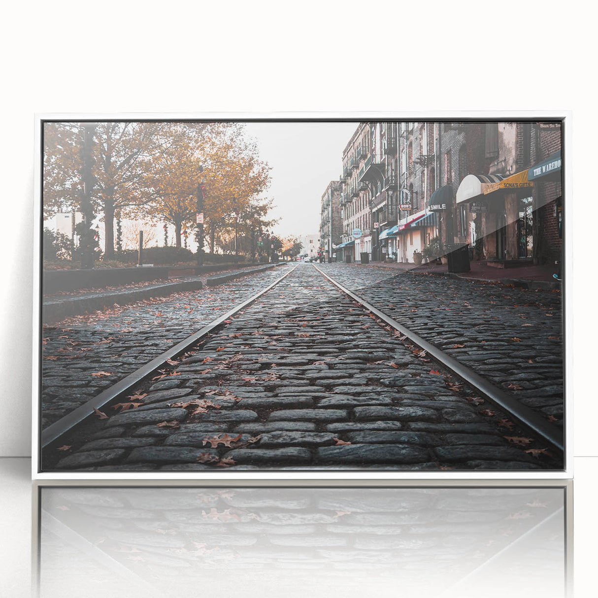 Framed acrylic print of Savannah, Georgia, in art deco style with muted green and white tones.