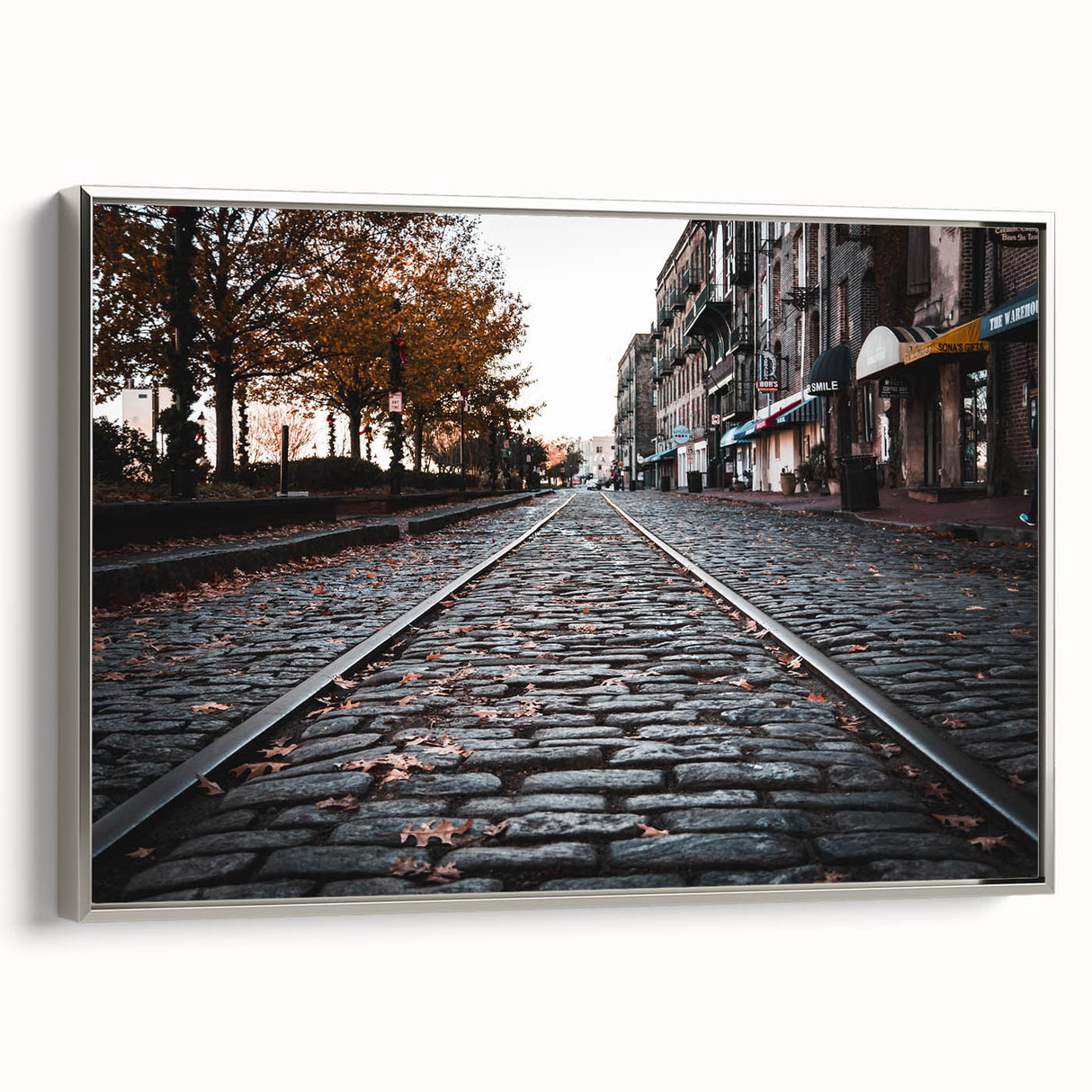 Framed canvas of a Savannah landscape in vintage poster style, featuring a black and colorful art palette.