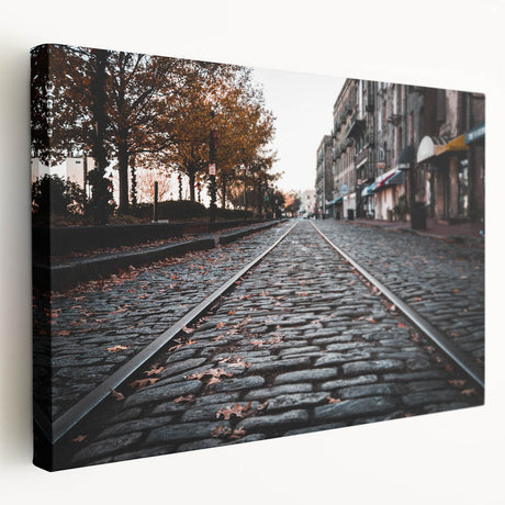 Large art of Savannah, Georgia, depicted in muted earth tones on stretched canvas, suitable for kitchen wall art.