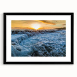 Colorful abstract art print of Kauai, Hawaii, in a black frame with mat, ideal for living room decor.