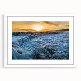 Abstract art print of Kauai, Hawaii, with vibrant green and blue tones on a white-framed mat, ideal for dining room decor.