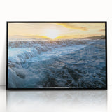 Large abstract wall art depicting Kauai's landscape in vibrant green and blue tones, framed in black acrylic.