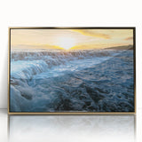 Framed acrylic print of Kauai scenery with lush greenery and ocean view, in mid-century modernist style.