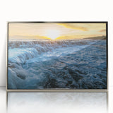 Mid-century modernist art depicting Kauai scenery on silver-framed acrylic, ideal for nursery wall art.