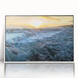 Framed acrylic print of a serene Kauai landscape in muted green and blue tones, ideal for modern nursery wall art.