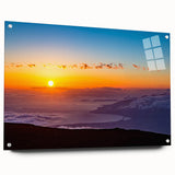 Acrylic print of a serene Maui landscape, featuring ocean and palm trees, in soft blue and green shades.