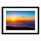 Colorful abstract art print of Maui scenery in vibrant hues on a textured, extra-large canvas, framed in black.