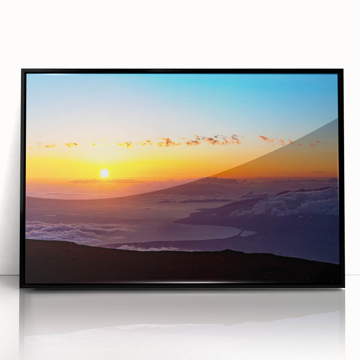 Large abstract wall art depicting a serene Maui landscape in soft pastel colors on a black framed acrylic.