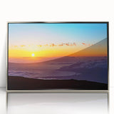 Framed acrylic print of a mid-century modernist Maui landscape in muted blue and green tones, ideal for nursery wall art.