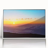 Art deco poster of a serene Maui landscape in muted green and blue tones, acrylic print framed in white.