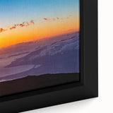 Extra large black framed canvas featuring a textured, colorful depiction of a Maui beach scene, ideal for living room decor.