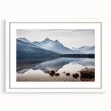 Abstract art print of Idaho scenery in muted earth tones, framed with a white mat, suitable for dining room decor.