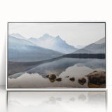 Acrylic print of a serene Idaho landscape in muted earth tones, framed in white.