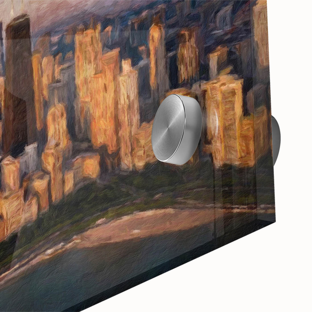 Large abstract depiction of the Chicago skyline in muted blue and gray tones on acrylic glass, suited for dining room art.