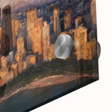 Large abstract depiction of the Chicago skyline in muted blue and gray tones on acrylic glass, suited for dining room art.