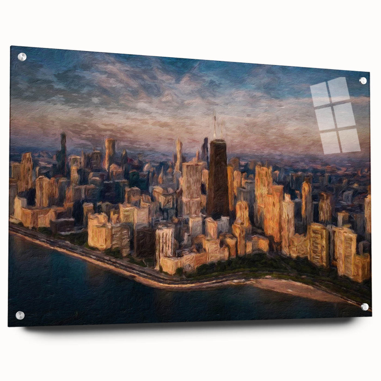 Acrylic print of a large abstract depiction of the Chicago skyline in muted blue and gray tones.