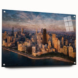 Acrylic print of a large abstract depiction of the Chicago skyline in muted blue and gray tones.
