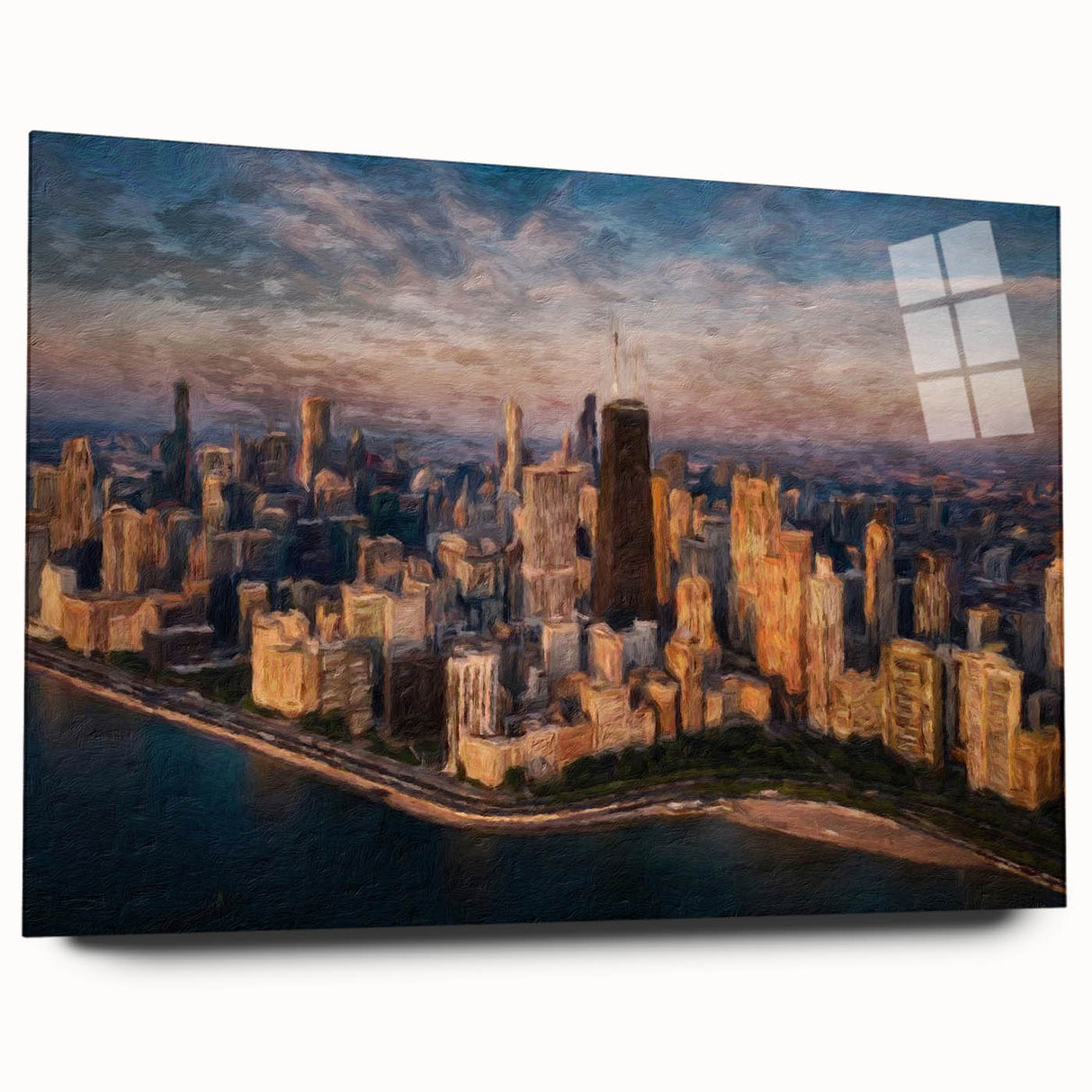 Acrylic print of a large abstract depiction of the Chicago skyline in muted blue and gray tones.