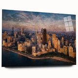 Acrylic print of a large abstract depiction of the Chicago skyline in muted blue and gray tones.