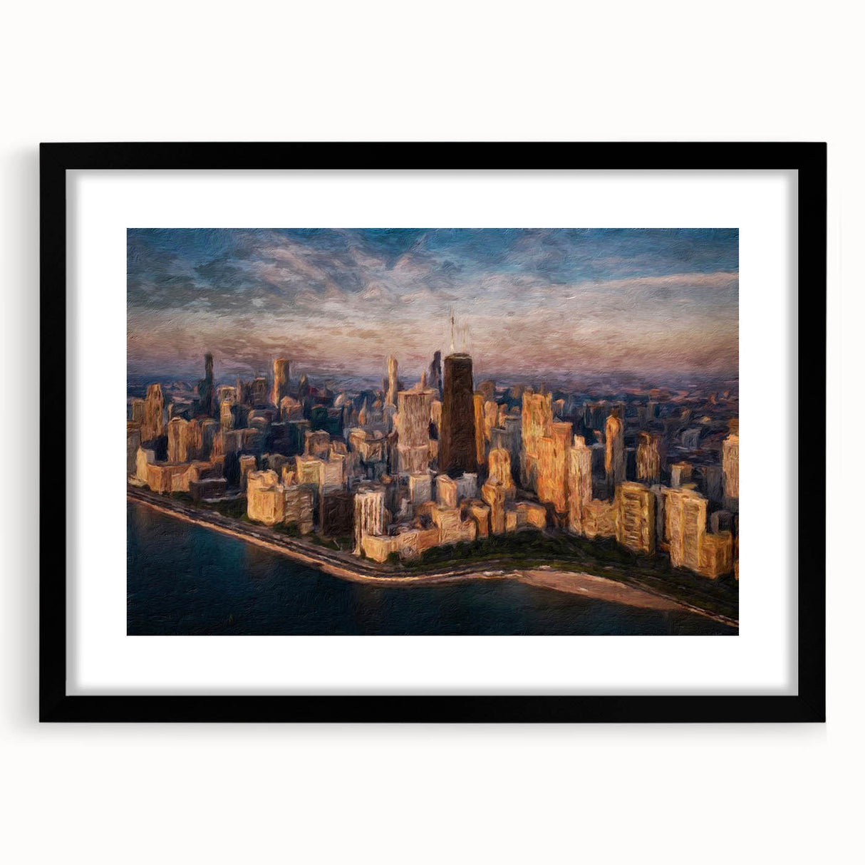 Abstract art print of Chicago skyline in vibrant, colorful hues on a large textured canvas, suitable for living room decor.