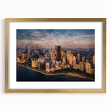 Extra large abstract art print of Chicago skyline in textured gold frame, ideal for living room decor.