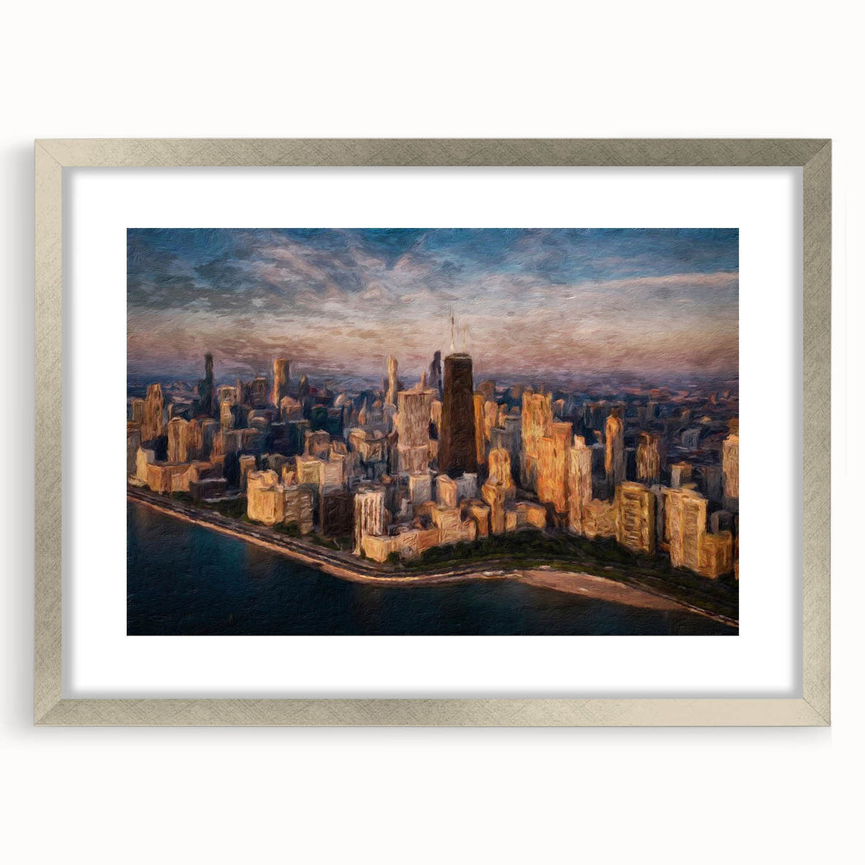 Textured abstract art print of Chicago skyline in muted gray and blue tones on a framed canvas, ideal for bedroom art.