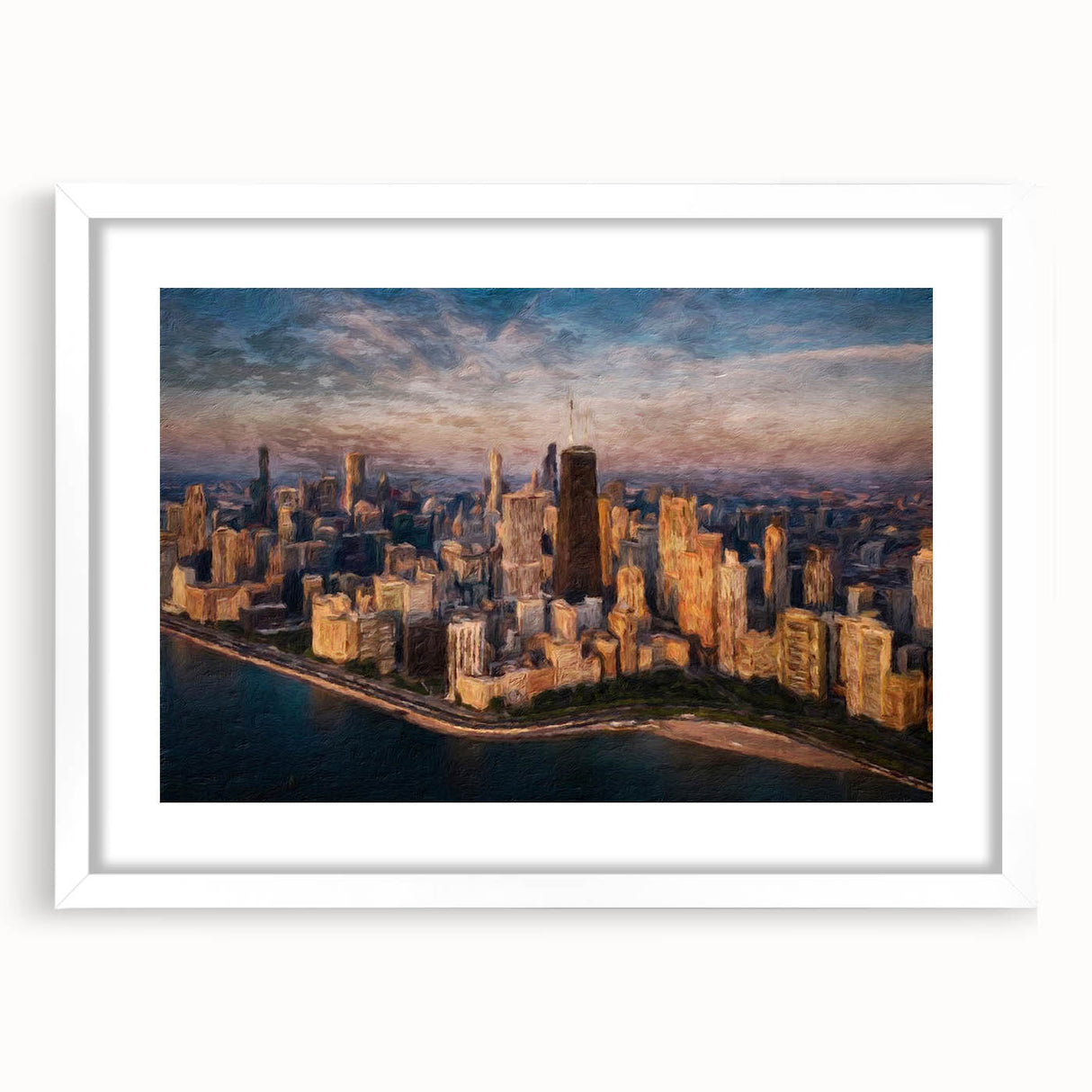 Abstract art print of Chicago skyline in muted blue and gray tones on a framed white mat, suitable for dining room decor.