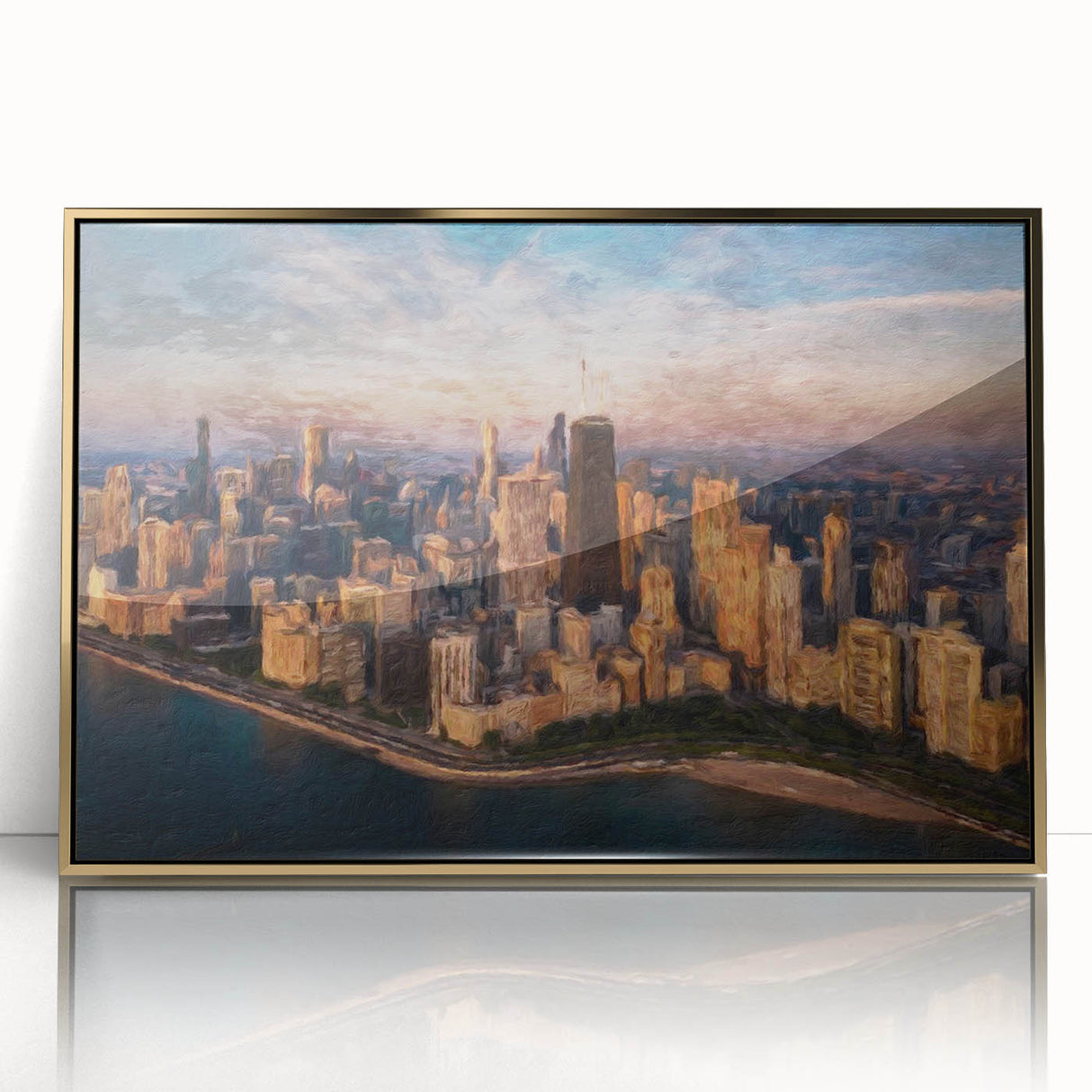 Large art print of Chicago skyline in gold tones on framed acrylic, ideal for modern art wall decor.