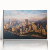 Art deco poster of Chicago skyline in muted gray and blue tones, framed acrylic, suitable for modern nursery wall art.