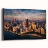 Black and white framed canvas of Chicago skyline, featuring vintage poster art style, ideal for bedroom wall decor.