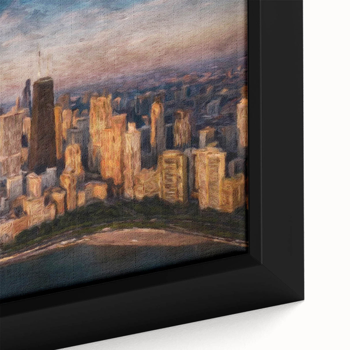 Extra large framed canvas featuring a textured depiction of Chicago's skyline in black with colorful accents.