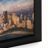 Extra large framed canvas featuring a textured depiction of Chicago's skyline in black with colorful accents.