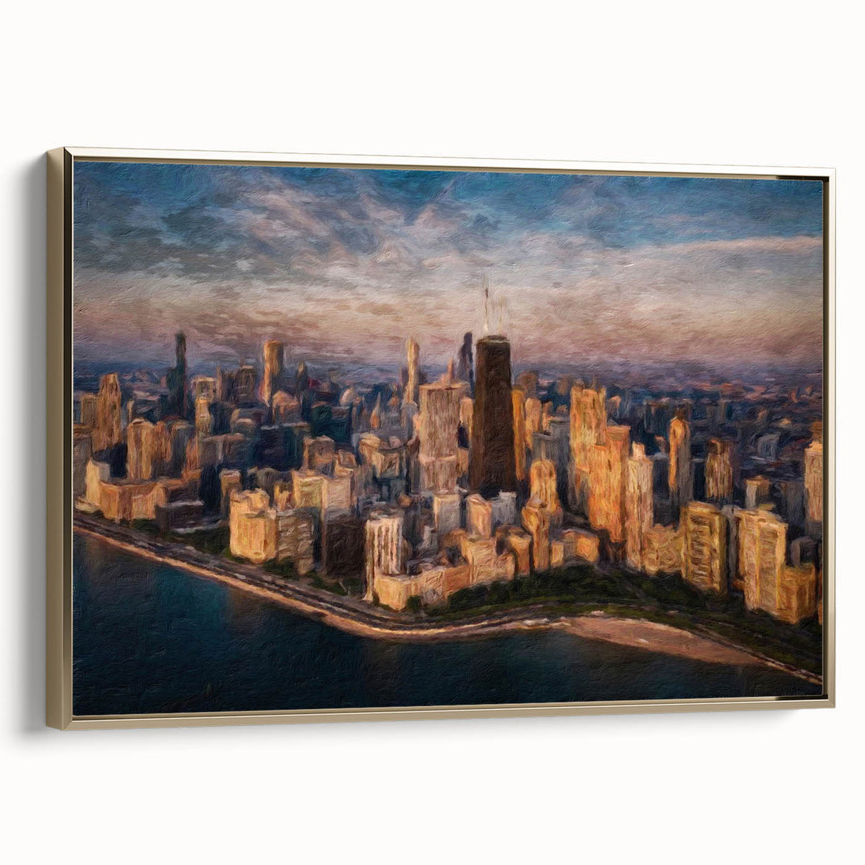 Framed canvas wall art featuring a vintage-style landscape of the Chicago skyline in black and gold tones.