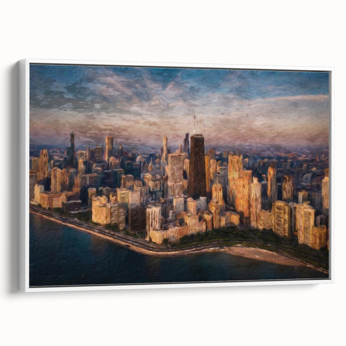 Vintage poster art of Chicago skyline in colorful hues on a large framed canvas, suitable for living room decor.