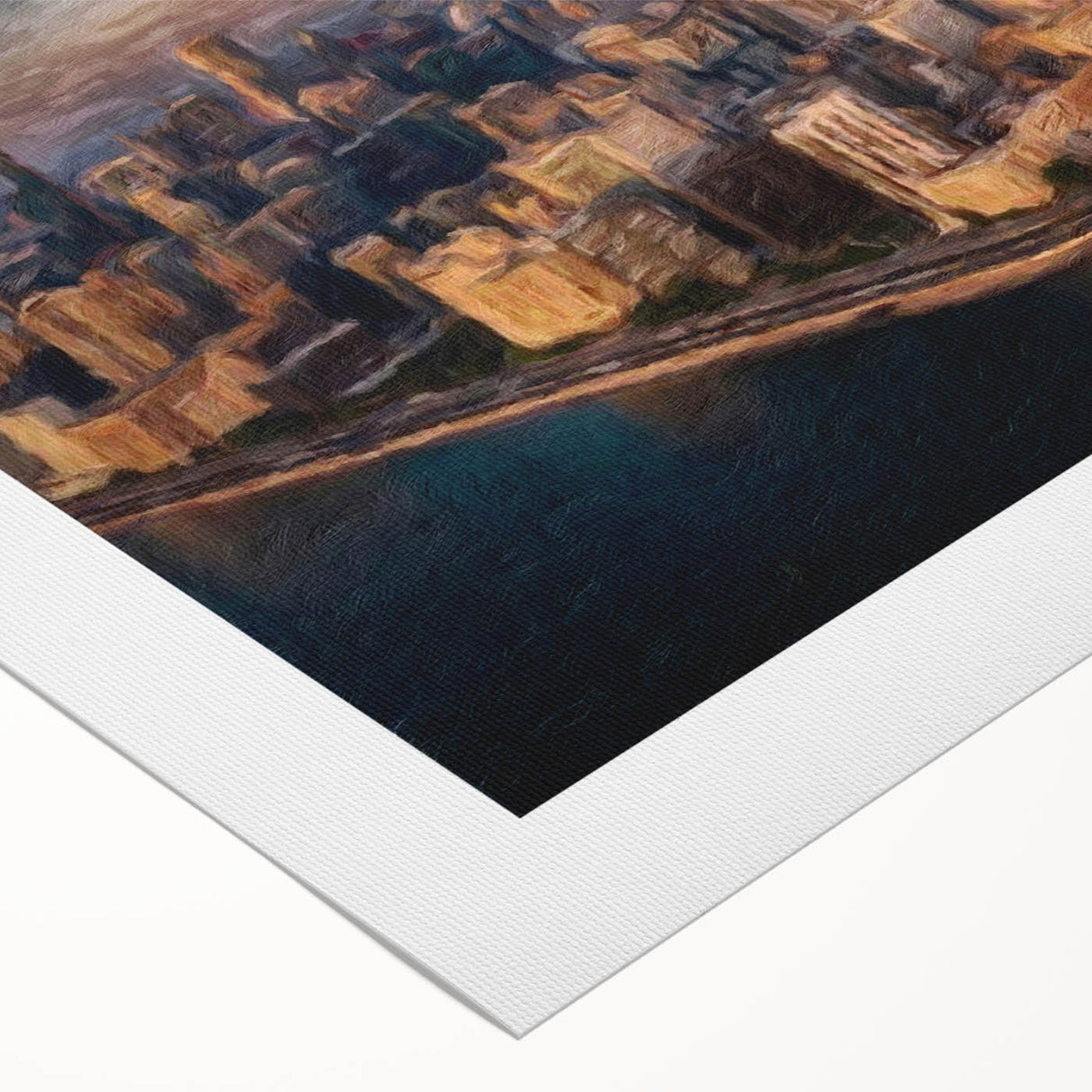 Art deco poster of Chicago skyline in muted metallic tones on rolled canvas, suitable for dining room wall art.