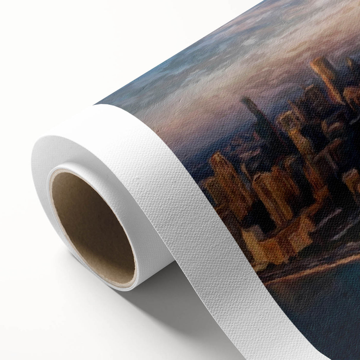 Art deco poster of Chicago skyline in monochrome shades on rolled canvas, suitable for nursery wall art or dining room decor.