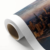 Art deco poster of Chicago skyline in monochrome shades on rolled canvas, suitable for nursery wall art or dining room decor.