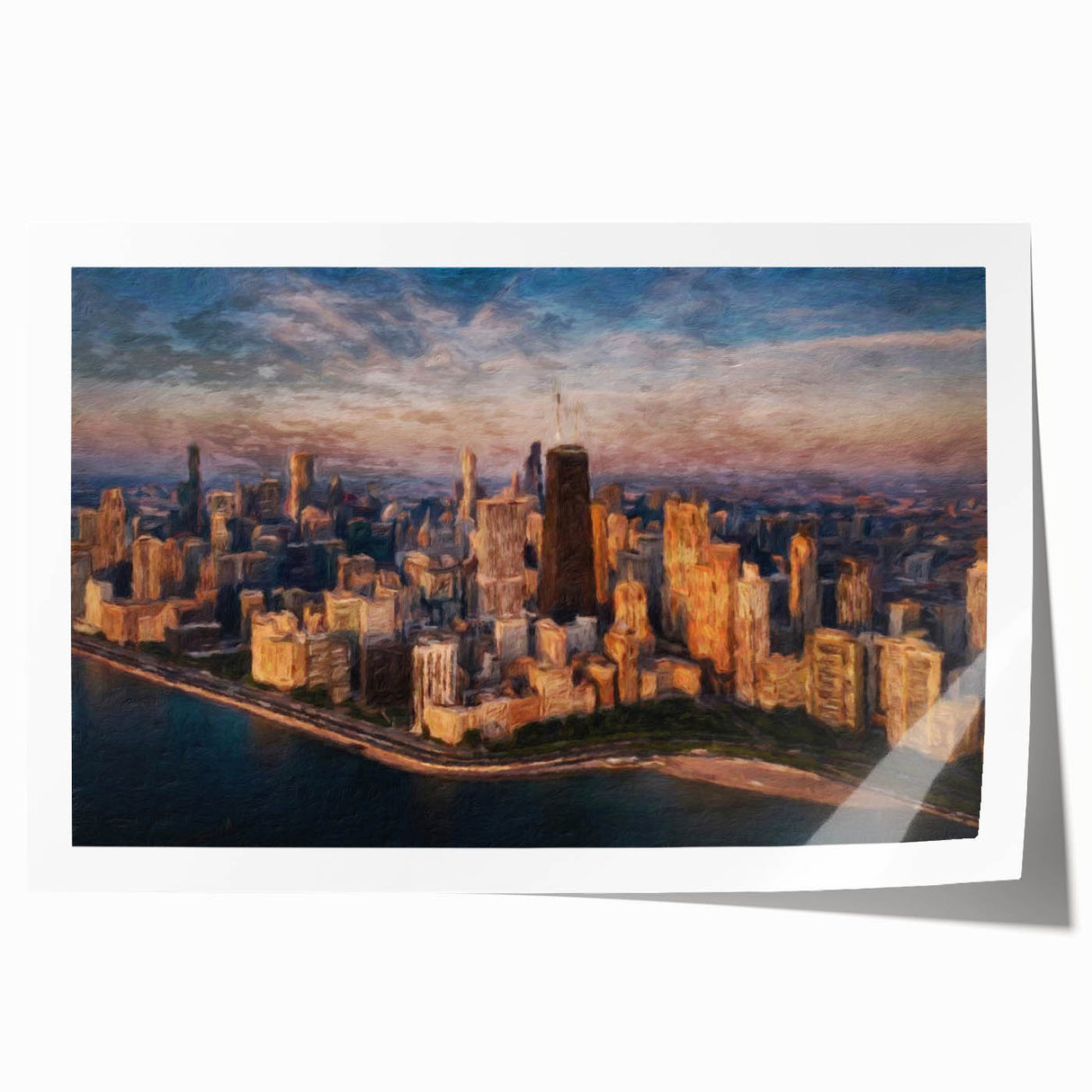 Rolled print of Chicago skyline featuring pastel shades, ideal for art wall dining room placement.