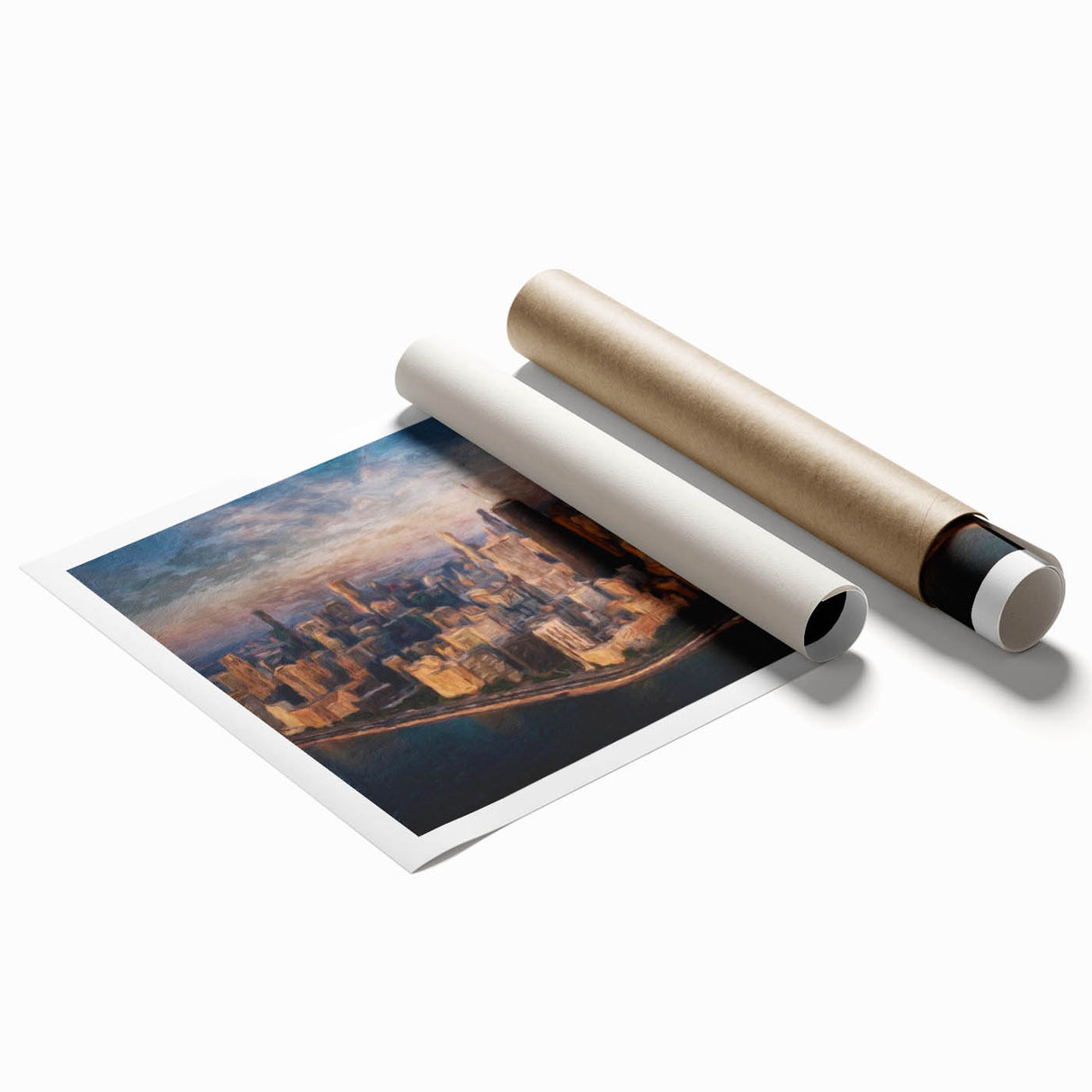 Extra large rolled print of Chicago skyline with muted blue and gray tones, ideal for classy bathroom wall art.